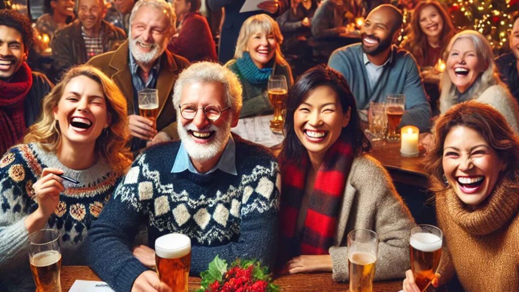 Diverse group of smiling people enjoying Hurst Park's Annual Quiz Night in a cozy pub decorated with festive lights, with quiz sheets and drinks on their table as a speaker addresses the crowd