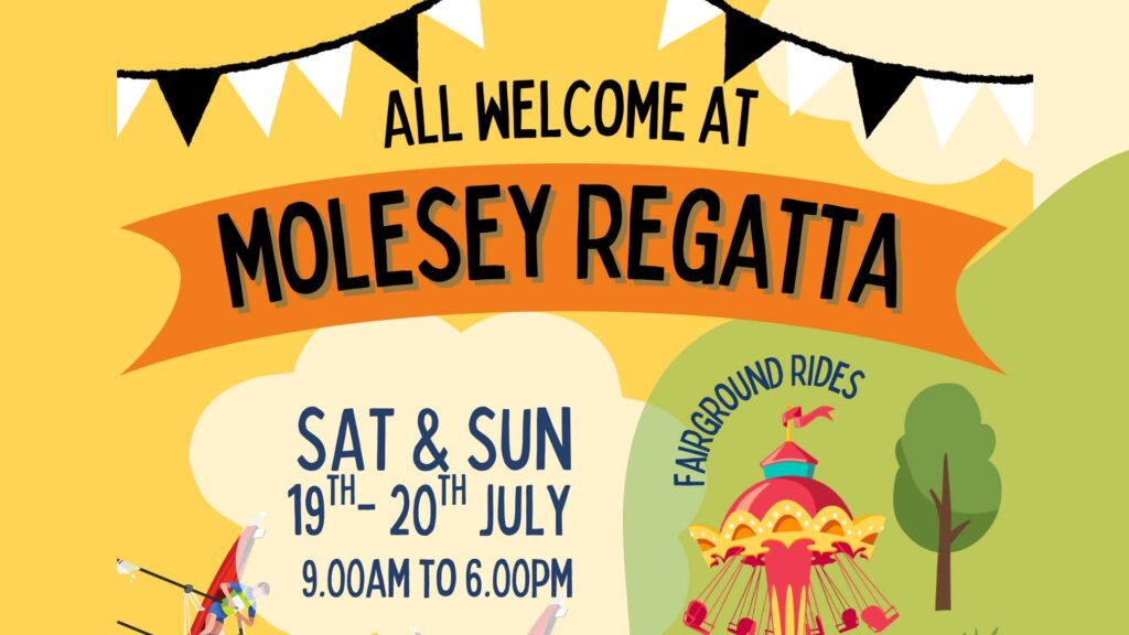 Illustrated poster for Molesey Regatta 2025, showing event dates, fairground rides, and rowing imagery with bright summer colours