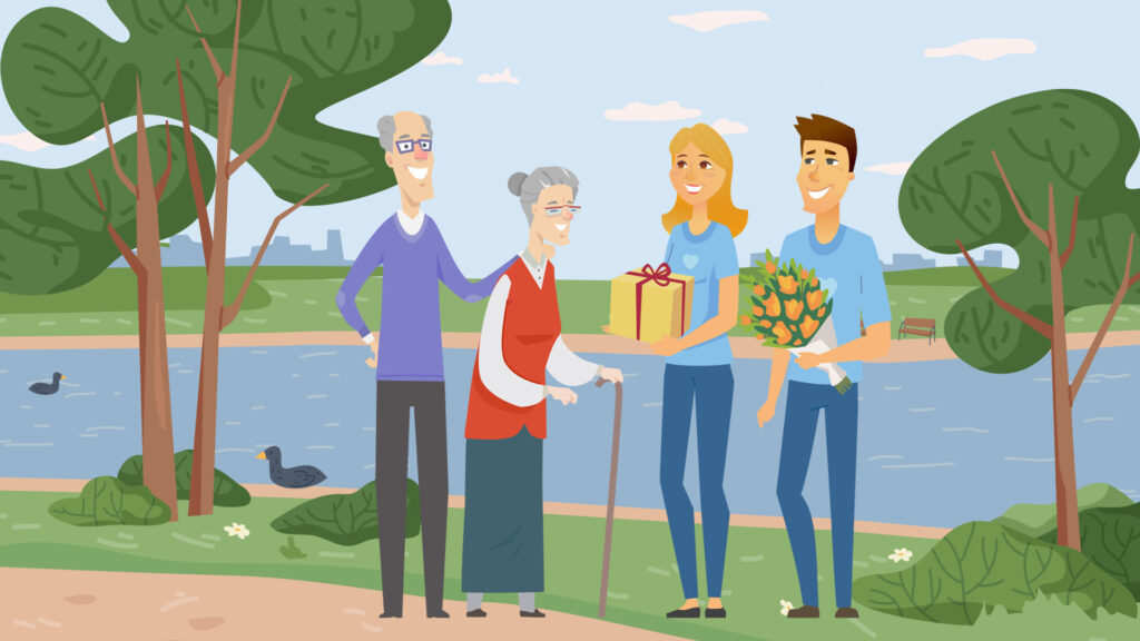 llustration of volunteers giving flowers and a gift to elderly residents in a riverside park, symbolising community support and connection.