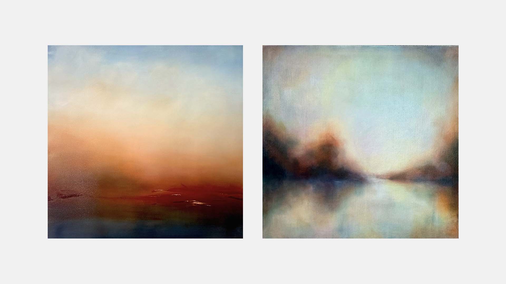 Two ethereal landscape paintings by Emma Price. The left image shows a soft, atmospheric blend of burnt orange and sky blue tones; the right image depicts a luminous horizon reflected over water, with deep blue and amber hues.