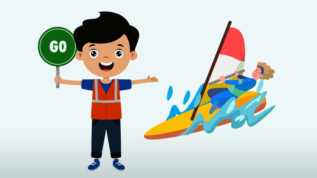 Illustration of a cheerful child in a high-visibility vest holding a green "GO" sign, next to a person windsurfing with a red and white sail.