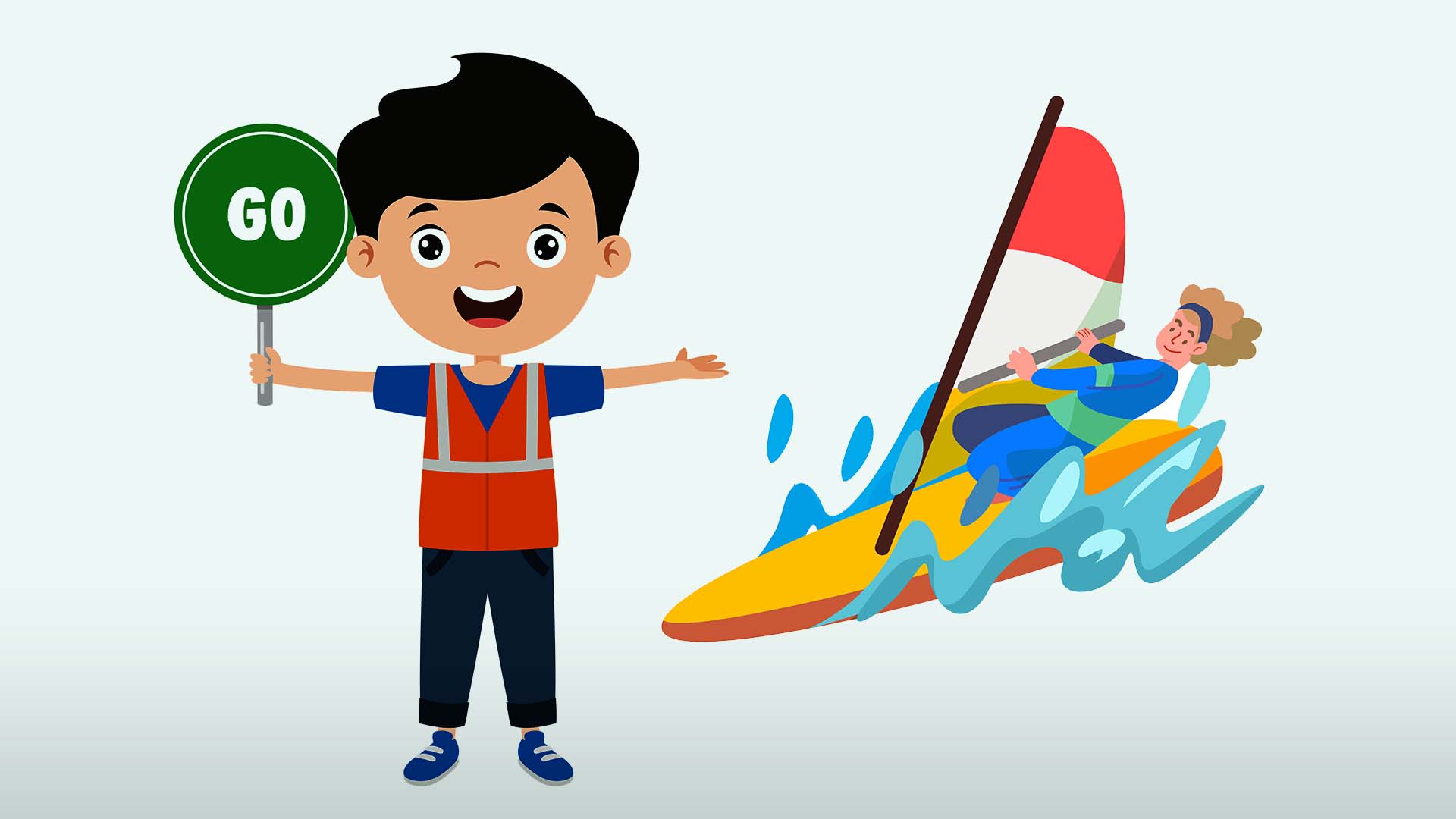 Illustration of a cheerful child in a high-visibility vest holding a green "GO" sign, next to a person windsurfing with a red and white sail.