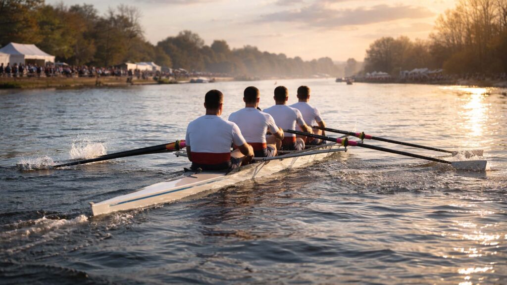 Rowers competing at the Molesey Regatta on the River Thames near Hurst Park