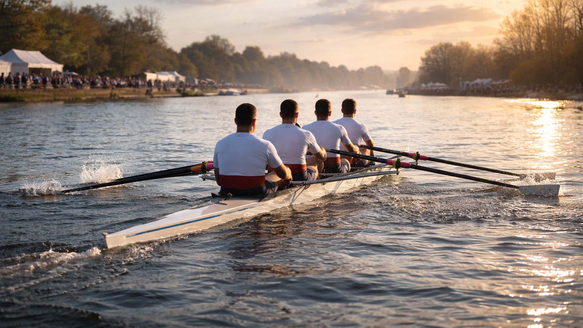 Rowers competing at the Molesey Regatta on the River Thames near Hurst Park